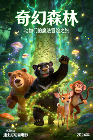 动画电影《奇幻森林》海报，动物们在魔法森林中冒险